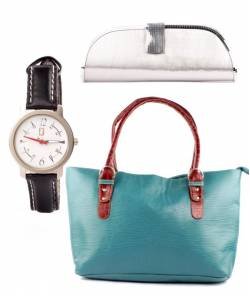 Seagreen Handbag + Silver Clutch + Black Strap watch